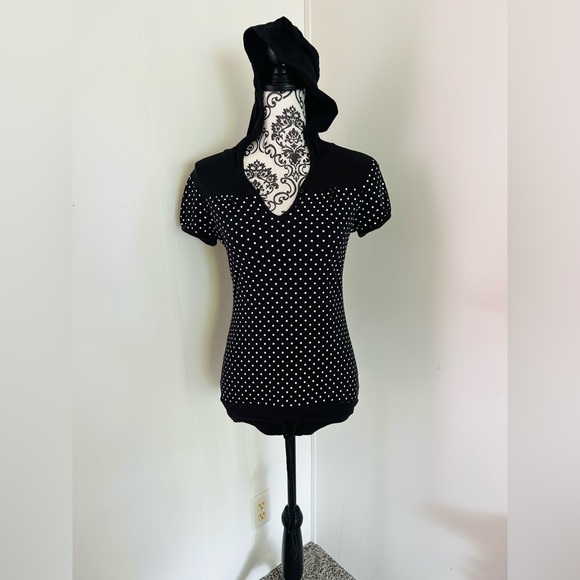 Energie Tops - Energie Women’s Black & White Polka Dot Drawstring V-Neck Hooded T-Shirt